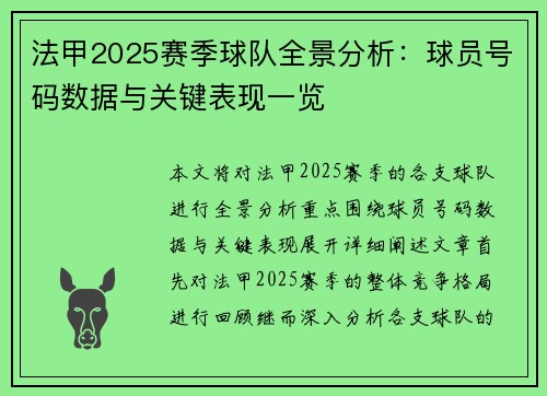 法甲2025赛季球队全景分析：球员号码数据与关键表现一览