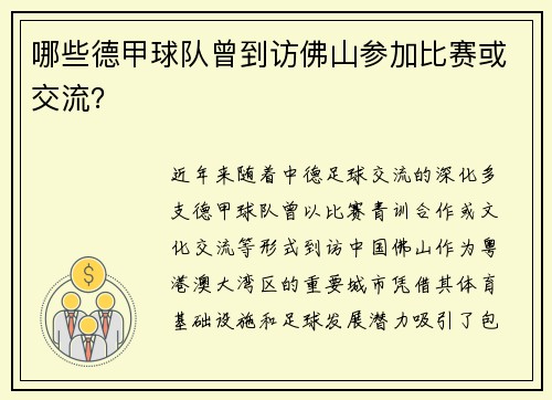 哪些德甲球队曾到访佛山参加比赛或交流？